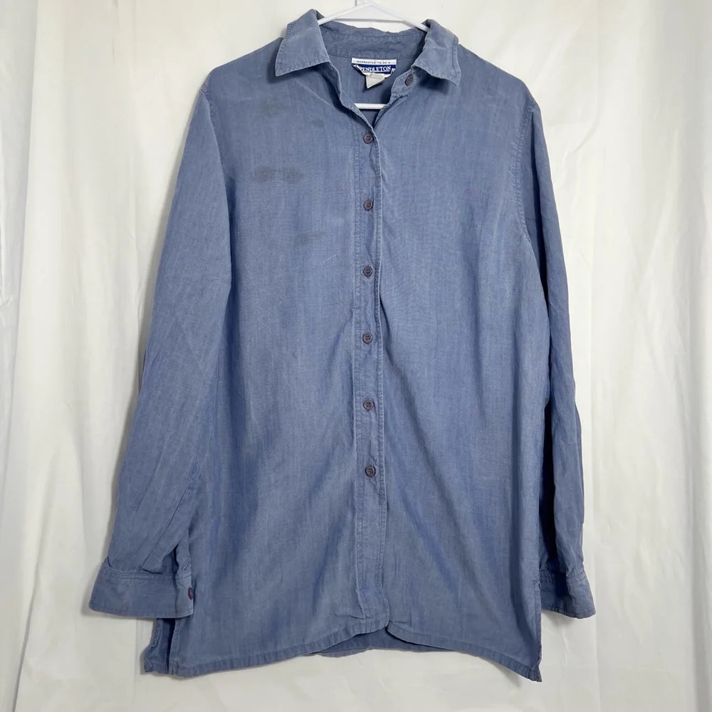 Women's Pendleton Blue‎ Long Sleeve Button Up Shirt Size L Tall Stained